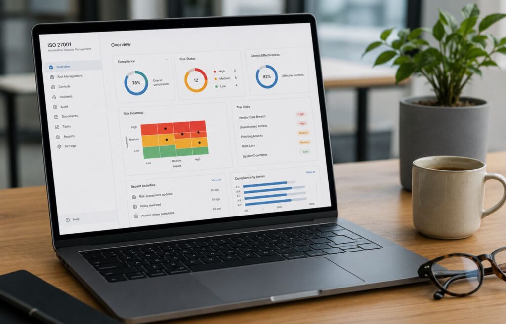 Laptop showing ISO 27001 dashboard for tracking risks, measures and compliance status.