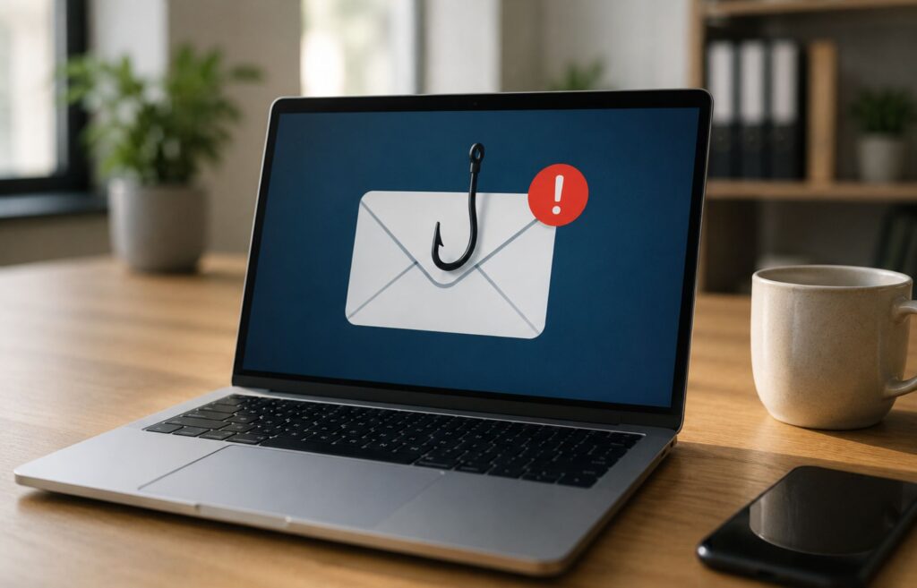 Notebook se symbolem phishingového e-mailu jako upozornění na kyberpodvody a podvodné zprávy.
