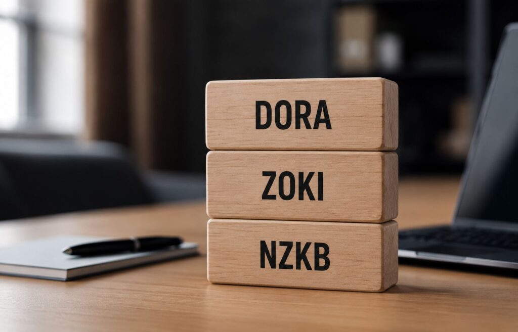 Wooden blocks labeled DORA, CRA, and Cybrsecurity Act as a symbol of cybersecurity regulations.