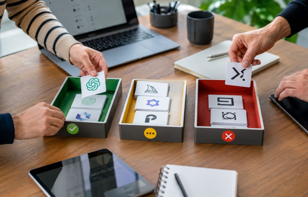 A team at a company sorts AI tools by risk level and suitability for company use.